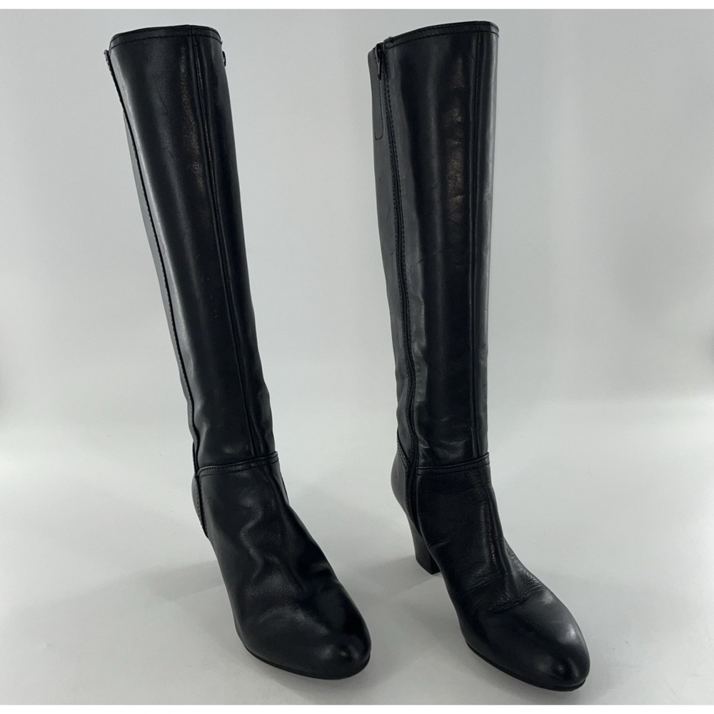 Nine West Knee High Leather Tall Dress Boots Black 9 Mid Heel Side Zip Alysia